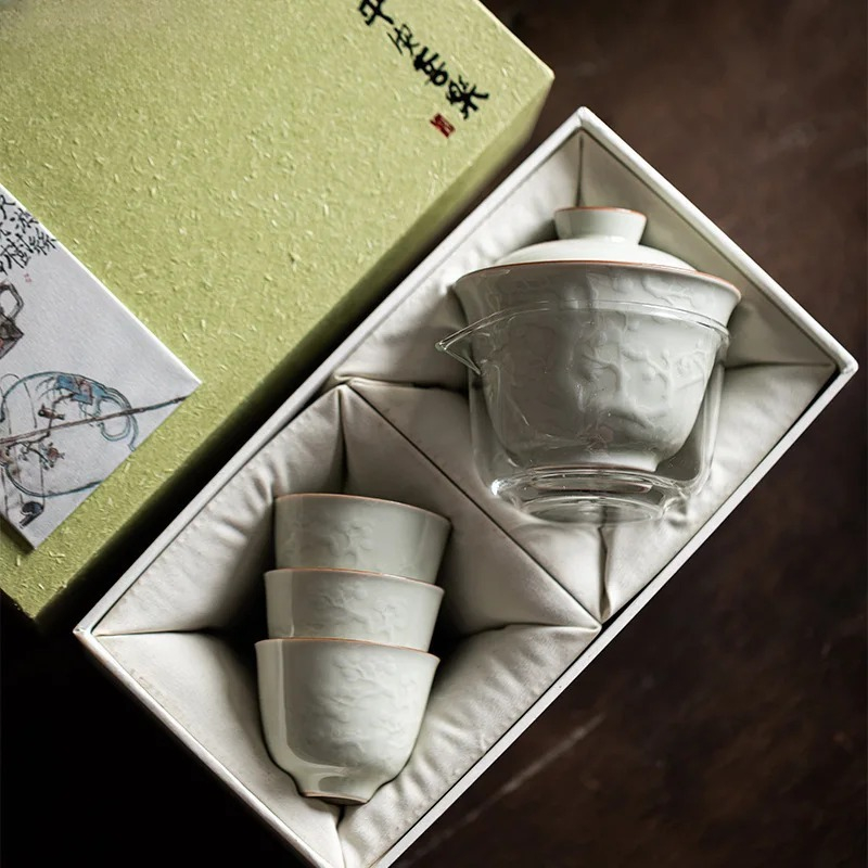 Korean Tea Set - طقم وعاء بغطاء منقوش يدويًا فاخر،