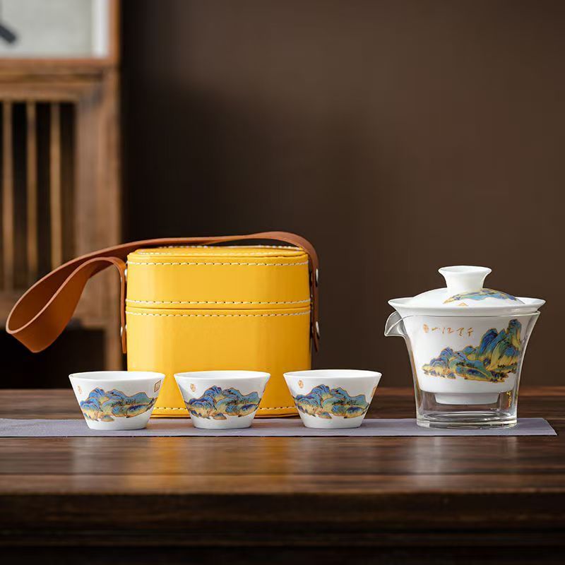 Korean Tea Set - طقم شاي من البورسلين الأبيض للسفر،